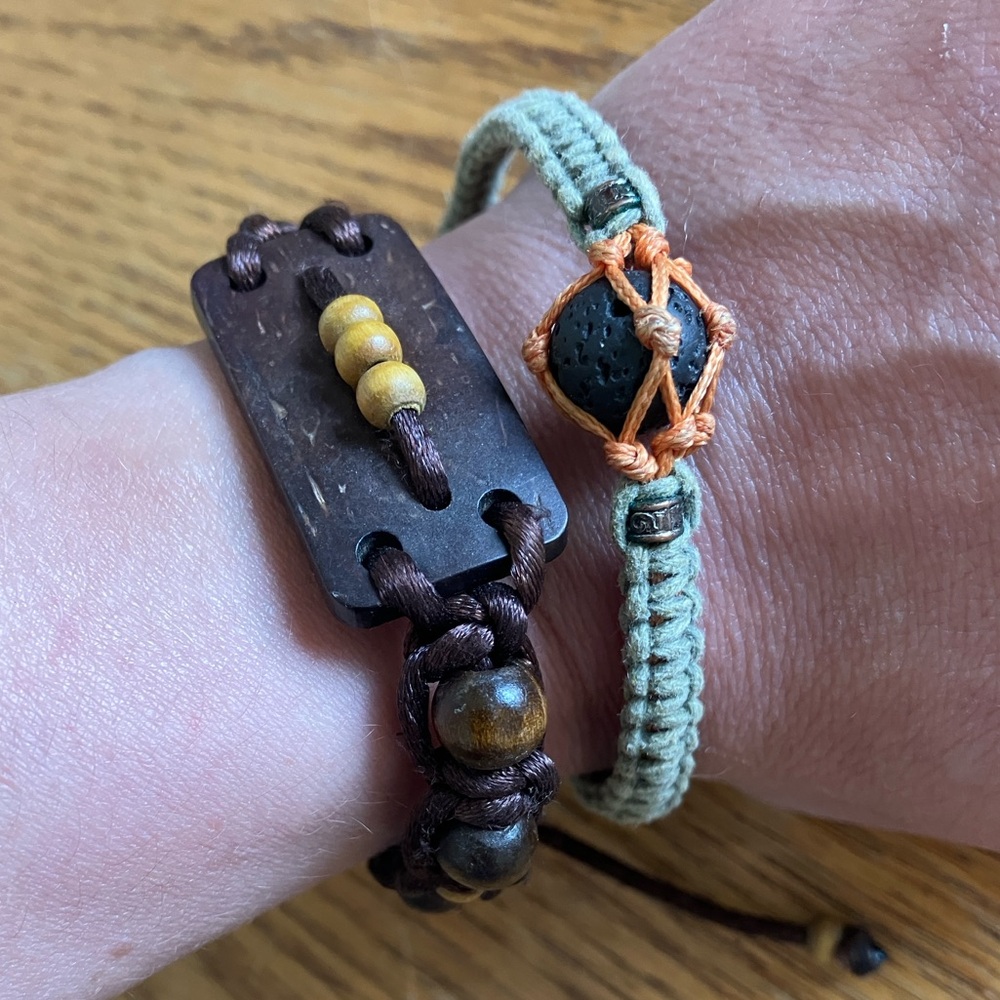 Bracelet bundle Wood Beaded Cord Bracelets set of two Adjustable Brown green